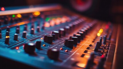 Professional music studio close-up of mixing console with illuminated controls and studio speakers showcasing a creative audio environment