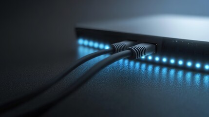 close-up of network cable plugged into router placed on smooth matte surface under soft light