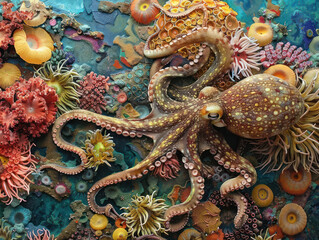 Obraz premium An artistic close-up of marine life featuring an octopus camouflaging on a coral reef with vibrant anemones