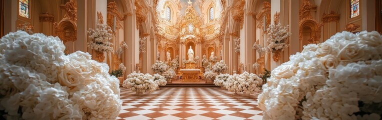 Elegant Church Interior with Grand Wedding Decorations and Floral Arrangements