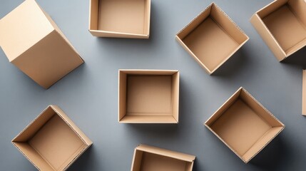 Fototapeta premium Brown square cardboard boxes arranged on a gray background showcasing both opened and closed perspectives for packaging and storage concepts.