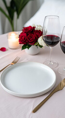 Table Setting with Red Wine, Roses, and Gold Cutlery