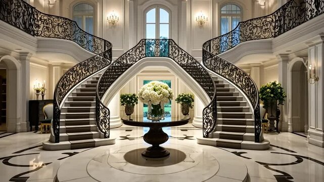 Grand Entrance: Majestic Double Staircase in a Luxurious Mansion