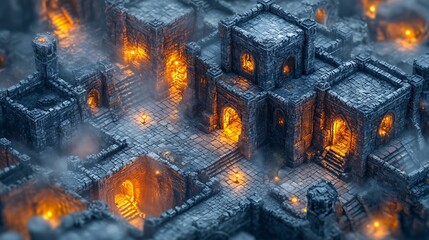 Ancient Stone Dungeon Labyrinth Illuminated With Warm Lights