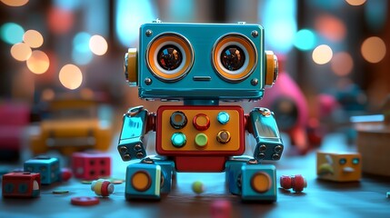 Adorable Retro Robot Toy Amidst Colorful Playthings