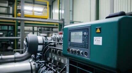 A technician calibrating a biodiesel generator demonstrating the factorys shift towards renewable energy sources and reducing reliance on fossil fuels for its operations.