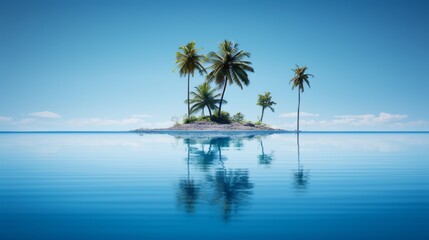 Abstract representation of an island in oceanic shades of yellow and blue against a clear sky