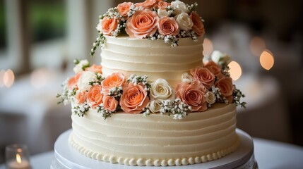 Fototapeta premium Two-tiered wedding cake decorated with peach and white roses.