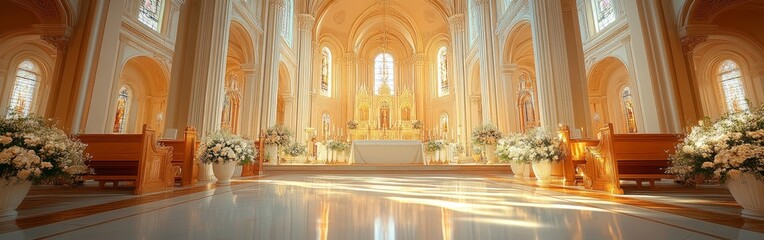 Elegant Church Interior with Grand Wedding Decorations and Floral Arrangements
