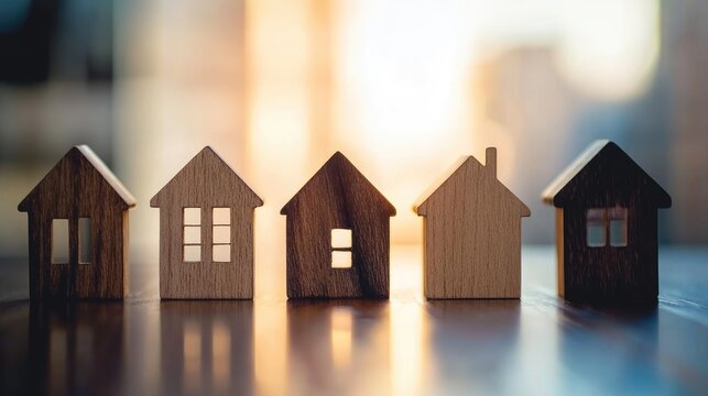 Affordable housing solutions and the challenges of homelessness illustrated through wooden model houses in a warm light setting.