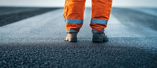 Highway Maintenance Worker Overseeing Asphalt Repair with Blank Area for Custom Text and Graphics