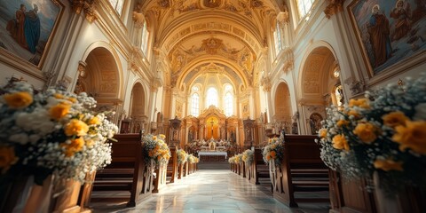 Obraz premium Elegant Church Interior with Grand Wedding Decorations and Floral Arrangements