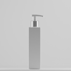 A sleek white bottle with a silver pump dispenser stands tall against a plain white background, creating a clean and minimalist aesthetic.