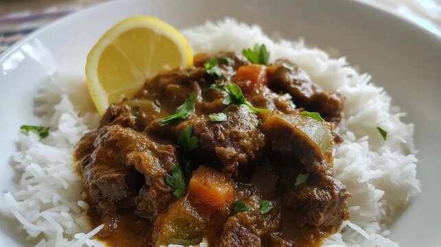 Savory homemade beef curry with cumin and lemon served over fluffy white rice garnished with fresh herbs and citrus slices