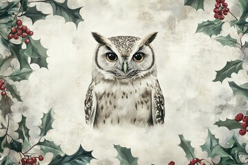Majestic Owl Framed by Holly and Berries