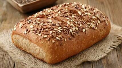 Homemade whole grain bread loaf topped with seeds placed on rustic wooden table setting