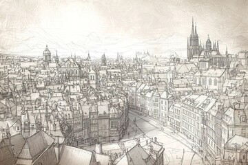 Obraz premium intricate cityscape rendered in engraving style with lines depicting historic architecture and cobblestone streets