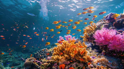 Fototapeta premium An underwater coral garden brimming with life, featuring soft corals swaying with the currents and fish weaving through the structures