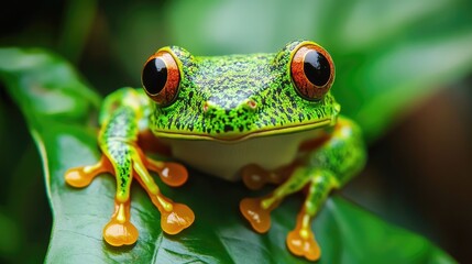 Fototapeta premium Vibrant Green Tree Frog Blending into Leafy Habitat Showcasing Natural Camouflage and Adaptation in Wildlife