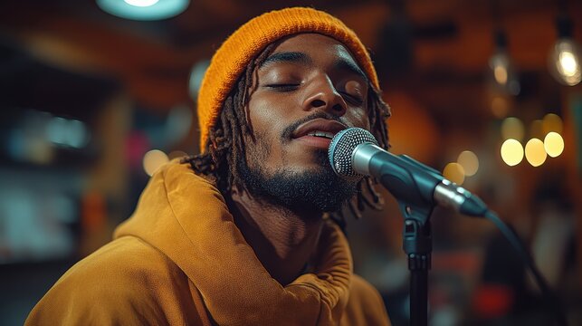 A beatboxer practicing in a quiet studio with a focused expression
