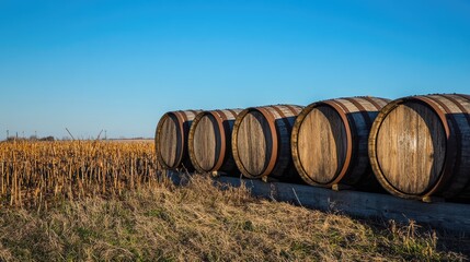 Obraz premium Barrels Lined Up on Rural Farm Against Bright Blue Sky with Golden Fields in Background