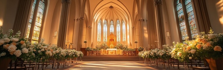 Fototapeta premium Elegant Church Interior with Grand Wedding Decorations and Floral Arrangements