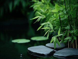 Naklejka premium Beruhigende Natur: Zen-Garten mit Steinen und Bambus im Wasser
