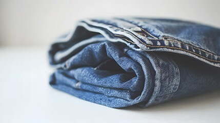 Folding denim jeans for storage home lifestyle photography minimalist style close-up organization tips