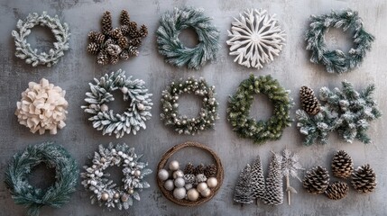 Fototapeta premium Festive winter wreaths and decorations arranged for a cozy holiday atmosphere with pine cones and snowflake accents