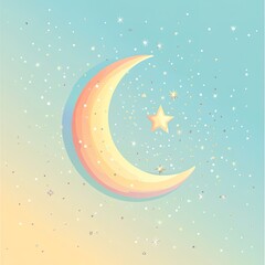 Obraz premium flat illustration of crescent moon and star surrounded by sparkles on seamless pastel gradient background