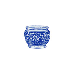 Hand-drawn Blue Porcelain Pot with Flower Ornament