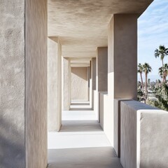 Sunlit modern hallway with concrete pillars and palm trees.