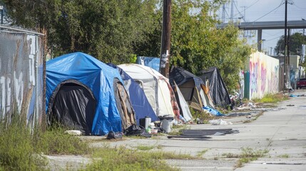 Homelessness and social issues depicting challenges in securing affordable and permanent housing in urban environments