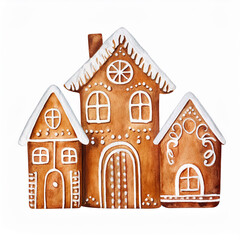 Watercolor painting of gingerbread house, white background. Hand drawn art. Festive design.