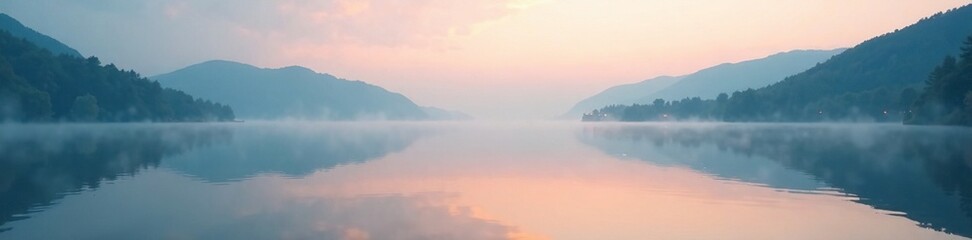 Fototapeta premium Calm lake surface reflects serene sky with misty veil, water reflection, serene scenery