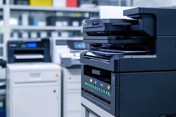 Efficient office setup featuring advanced technical equipment and printing systems