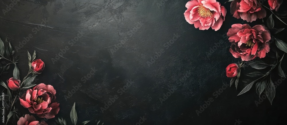 Poster peonies with dark background and empty space for elegant text or message presentation