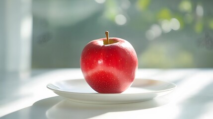 Fresh red apple on white plate natural light food photography indoor setting close-up view healthy eating concept