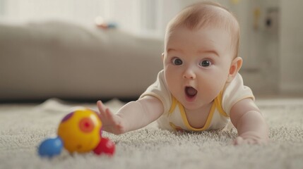 Baby crawling excitedly towards a colorful toy on the floor.
