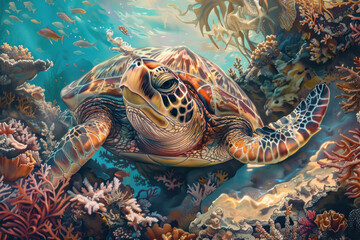 Obraz premium A close-up of a sea turtle feeding on coral amidst a bustling underwater ecosystem