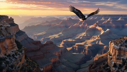 Naklejka premium Majestic Eagle Soars Over Grand Canyon at Sunrise with Vibrant Colors and Dramatic Landscape