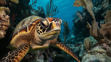 Obraz premium Sea Turtle in Coral Reef Habitat