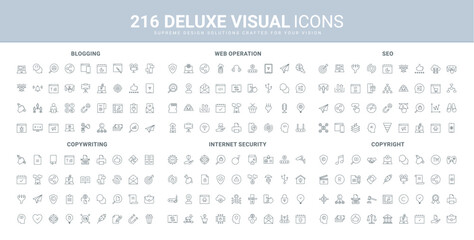 Copywriting and law protection of authors content and trademark, internet security line icon set. SEO and web services, social media online blogging thin black outline symbols vector illustration