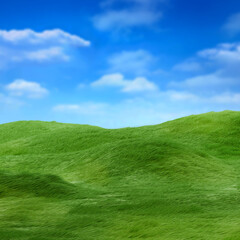 3D illustration featuring grassy hills and a cloudy sky background