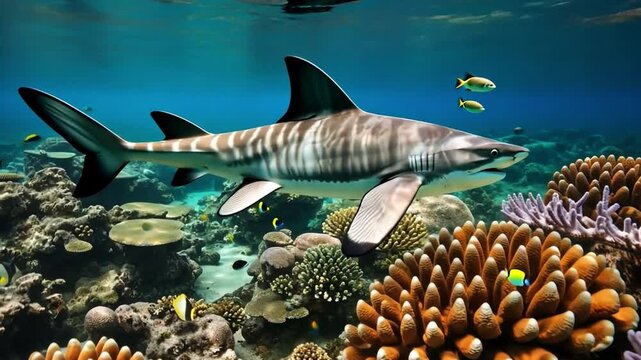 Tiger Shark in Coral Reef: A majestic tiger shark glides through crystal-clear waters, its striped pattern a stark contrast against the vibrant coral reef.