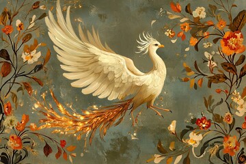 Golden Phoenix Soaring Amidst Autumnal Blooms