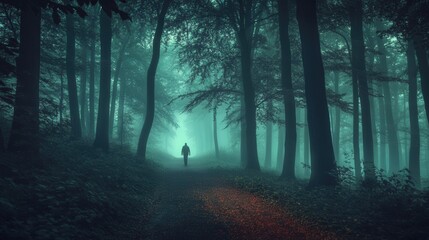 Obraz premium Mysterious figure walking through foggy forest enigmatic landscape atmospheric photography nature surreal experience
