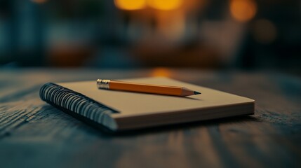 Pencil resting on a blank notepad on a wooden table.