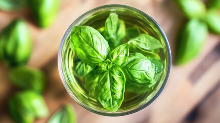 Obraz premium Basil infused olive oil in a glass showcasing fresh basil leaves for culinary use and gourmet recipes