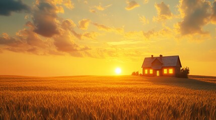 Fototapeta premium Sunset over golden wheat field with house.
